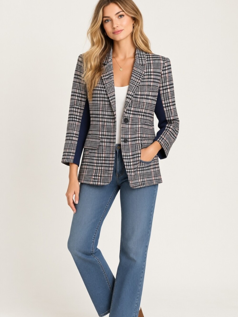 Free People Plaid Blue White Orange Cotton Knit Sleeve Mix Fabric Blazer Jacket
